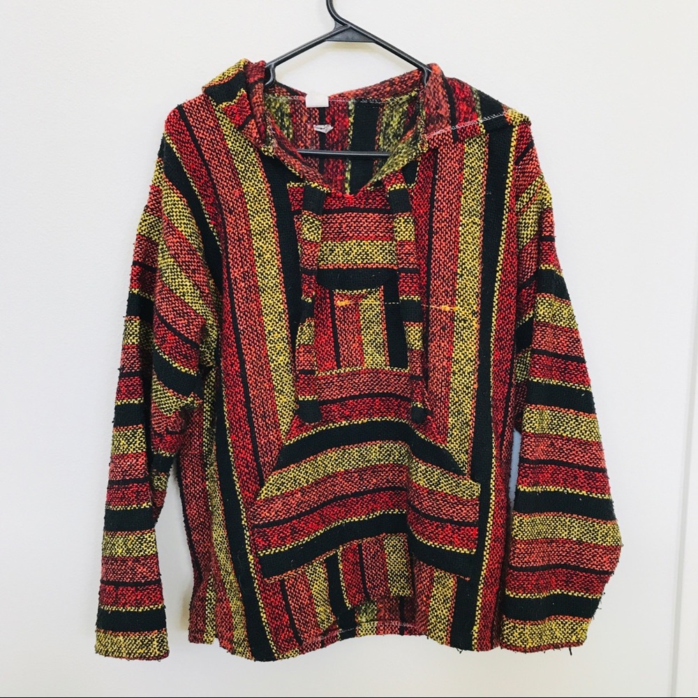 Molina VTG 90s Mexican blanket hoodie jacket 34 36 S Surfer Rasta Grunge Boho